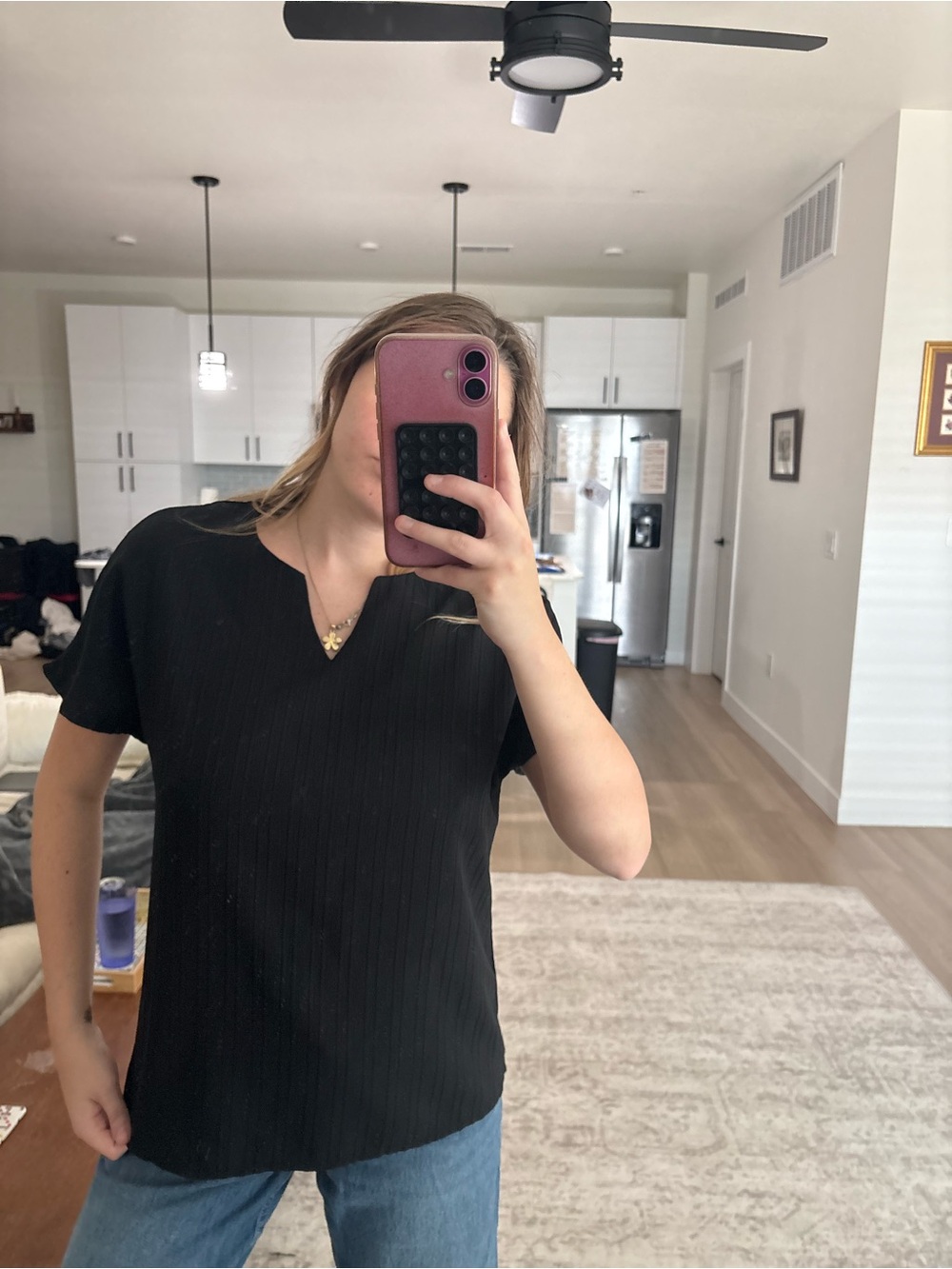 Black V-Notch Short Sleeve Women's Top